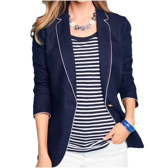 TALBOTS Navy Blue Piped 100% Linen Long Sleeve Jacket Sz 14 - Picture 3 of 11